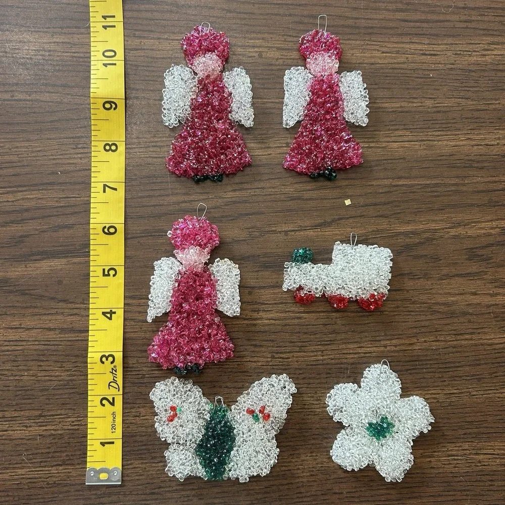 Vintage Handmade Beaded Christmas Ornaments Lot Of 6 Angels‎ Butterfly Train